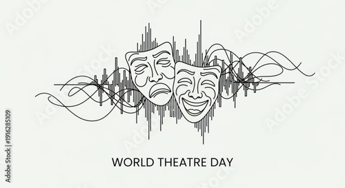 Theatrical masks with sound waves on world theatre day comedy and tragedy faces