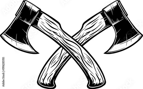 A black and white vector illustration of two crossed hatchets. This detailed, vintage-style woodcutting tool silhouette is ideal for carpentry and outdoor adventure logos.