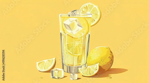 A vector icon of a refreshing glass of lemonade with ice cubes and a slice of lemon, set against a solid background.