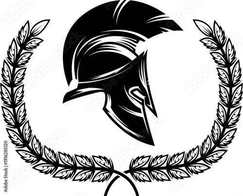 A black and white vector illustration of a Spartan or Greek warrior helmet enclosed in a laurel wreath. A powerful minimalist silhouette for sports or security logos.