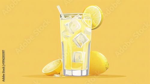 A vector icon of a refreshing glass of lemonade with ice cubes and a slice of lemon, set against a solid background.