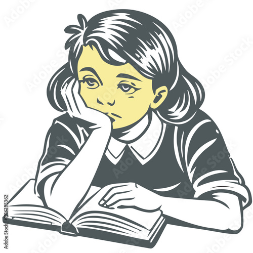 A young girl with a contemplative expression sits with her hand on her face