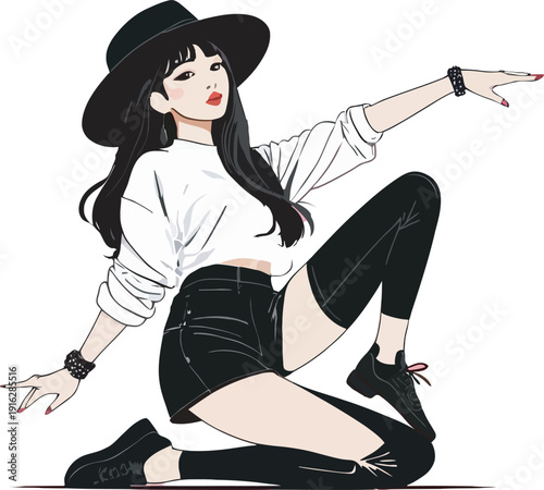 A stylish young woman in a black hat and trendy outfit strikes a confident pose, exuding modern 
