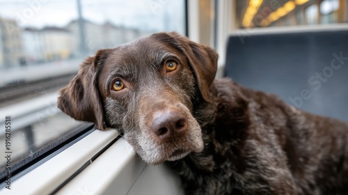 A brown dog rests its head against the train window, portraying a serene moment of companionship and travel, echoing the joys of adventure with pets.