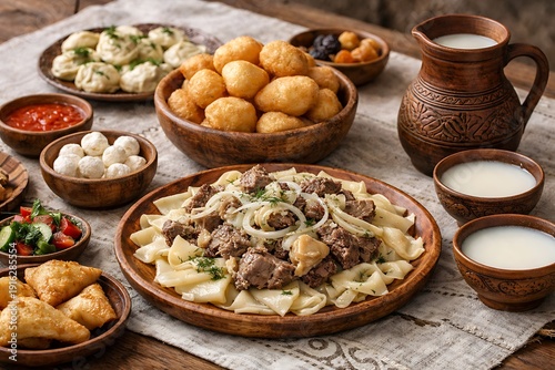 Traditional Kazakh dishes. Traditional cuisine in Kazakhstan. Nauryz holiday.