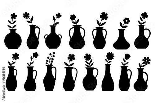 Vases with flowers black silhouette vector collection