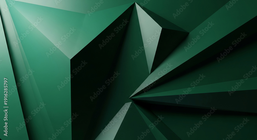 Obraz premium Abstract image of sharp, green geometric shapes and lines converging towards a central point, creating a sense of depth and angularity, modern design
