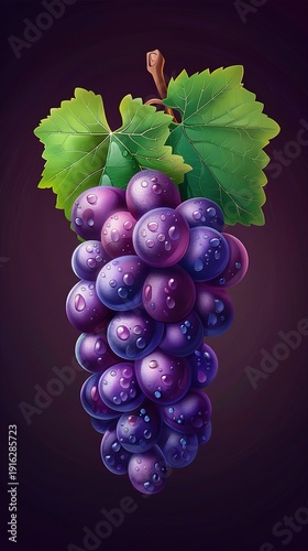 A vector icon of a ripe bunch of grapes with a vivid purple hue, detailed texture, and green stem, positioned on a solid background.