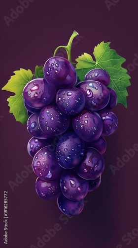 A vector icon of a ripe bunch of grapes with a vivid purple hue, detailed texture, and green stem, positioned on a solid background.