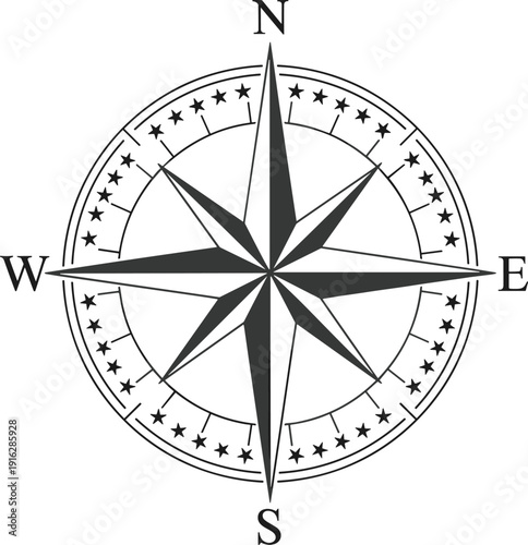 "Classic compass rose with cardinal and intermediate directions, ornate circular navigation star surrounded by decorative border and small stars, timeless cartography symbol"
