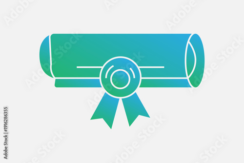 The image displays a stylized diploma or certificate scroll icon centered against a light, neutral gray background.