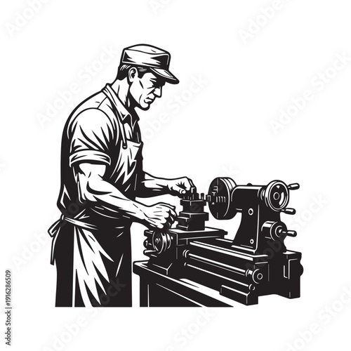 Machinist operating a metal lathe machine workshop silhouette vector illustration
