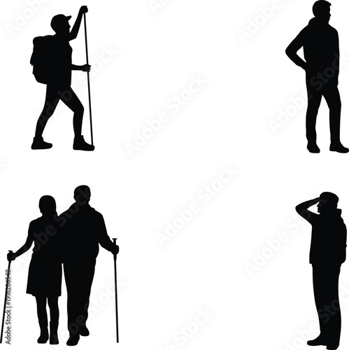 People silhouette set hiking, standing and walking with cane isolated on white background outdoor lifestyle concept illustration