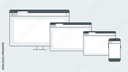 Responsive web design layout showing browser windows on various devices including a monitor, laptop, and smartphone on a grey background.