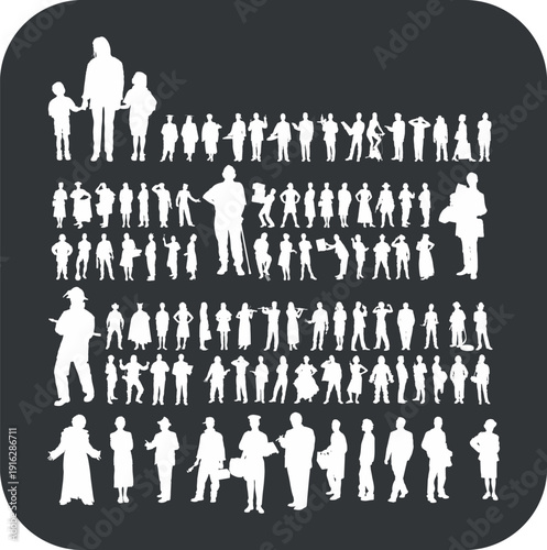 This diverse collection of white silhouettes on a black background showcases people in various professions 