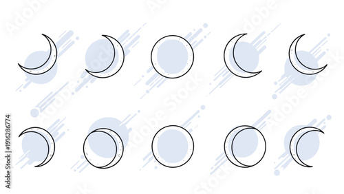 Set of different moon phases from crescent to full moon in a minimalist line art style for astronomy, astrology, and space-related themes.