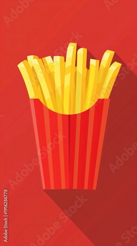 A vector icon of a stack of golden, crispy French fries in a red carton, placed on a solid background.
