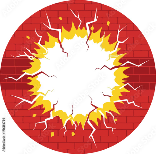 Explosion bursting through a red brick wall in a dramatic illustration