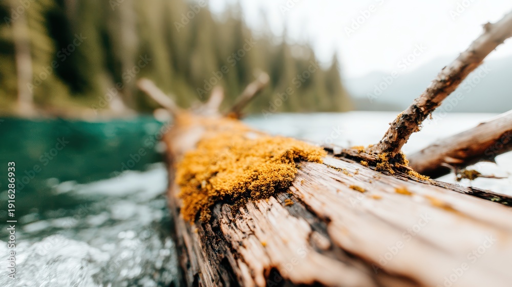 Fototapeta premium A close-up view of a log covered with moss highlights the beauty of nature, merging textures and colors, illustrating tranquility and the interconnectedness of life.