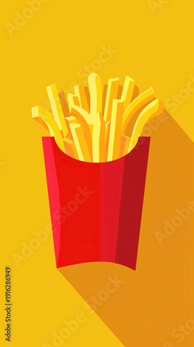 A vector icon of a stack of golden, crispy French fries in a red carton, placed on a solid background.