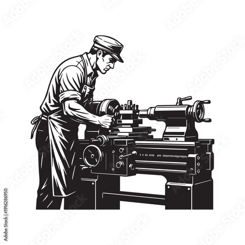 Machinist operating a metal lathe machine workshop silhouette vector illustration
