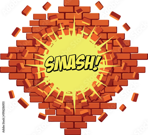 Explosion of bricks with bold text SMASH in the center