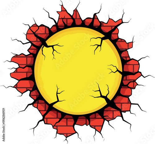 A cracked yellow sphere surrounded by red fragmented pieces on a white background from a direct viewpoint