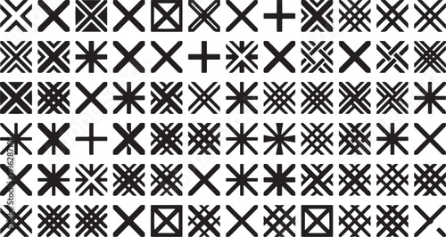 Geometric Cross and X Mark Symbol Set - Abstract Black and White Linear Plus, Star, and Interlaced Knot Icons Collection