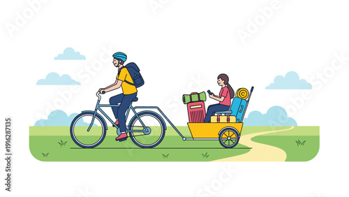 Man riding a bicycle and towing a yellow trailer filled with a girl and several travel suitcases across a green field path.