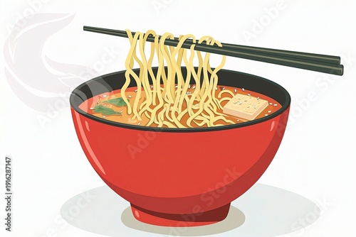 A vector icon of a steaming bowl of ramen with chopsticks, showing detailed broth and noodles, against a solid background.