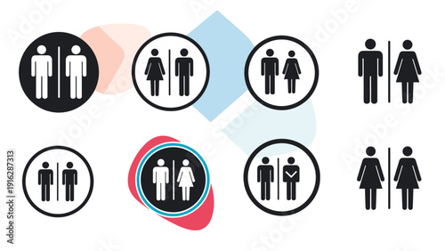 Collection of various gender neutral and specific toilet restroom signs including male and female icons in different circular frames.