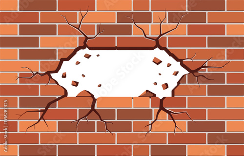 A broken brick wall with a large hole in the center, showing a white space behind, viewed from the front.