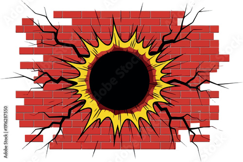 Explosion breaking through a brick wall with debris and destruction