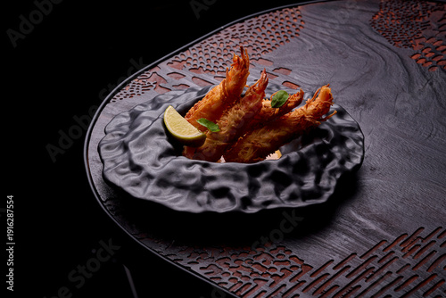Slika na platnu Gourmet Deep-Fried Prawns in Crunchy Dough with Spicy Sauce