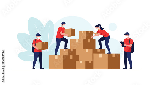 Group of delivery service workers wearing face masks and red shirts while stacking cardboard boxes in a high pile during work.