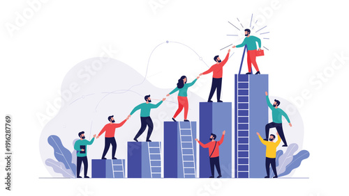 Diverse group of people helping each other climb up a bar graph representing teamwork, career growth, and collective success.