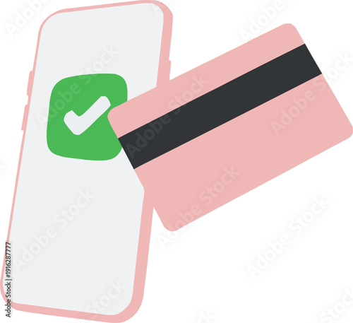 This illustration represents a secure mobile transaction with a verified checkmark on a smartphone screen and a pink credit card, conveying a sense of safety and modernity in digital finance.