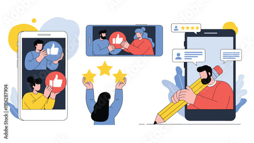 Creative illustration of people interacting with social media features on large smartphone screens including likes, stars, and chat.