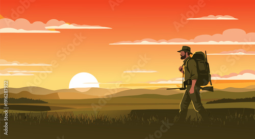 An adventurous vector illustration of a hiker with a backpack and rifle walking through a grassy landscape at sunset, evoking a sense of exploration and journey