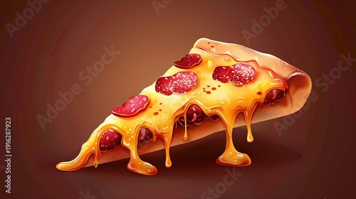 A vibrant vector icon of a slice of pepperoni pizza with melted cheese, shown on a solid background.