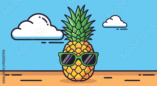 Cool cartoon pineapple wearing sunglasses on the beach, vector illustration with clouds and a blue sky
