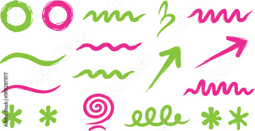 Collection of green and pink hand-drawn doodle shapes and lines on white background