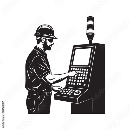 CNC machine operator at digital control panel industrial manufacturing worker silhouette vector illustration
