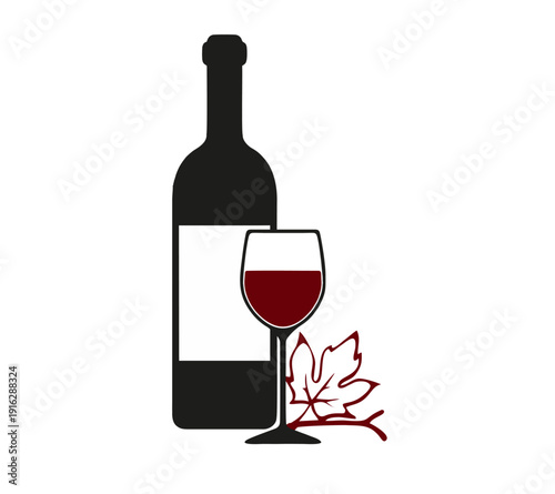 Bottiglia di vino con bicchiere mezzo pieno sovrapposti ma separabili