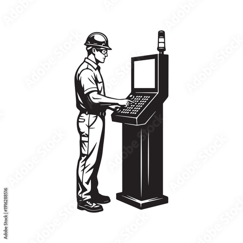 CNC machine operator at digital control panel industrial manufacturing worker silhouette vector illustration
