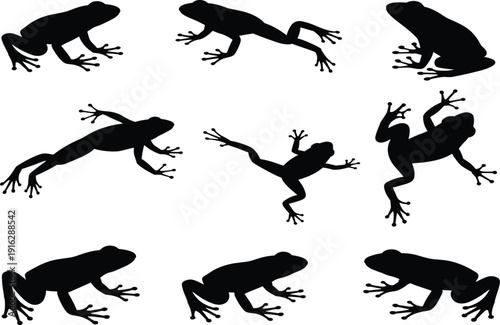 Black frog silhouette icon set, various jumping and sitting toad poses, wild amphibian nature