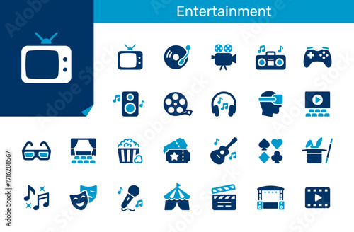 Entertainment icon collection for media, leisure and recreation concept. Flat design. Pixel perfect.