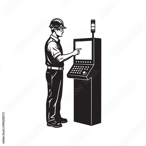 CNC machine operator at digital control panel industrial manufacturing worker silhouette vector illustration
