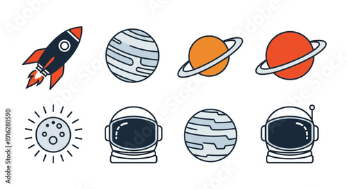 Space Exploration Scene with Astronauts, Planets, and Rocket in Orbit Around Celestial Bodies