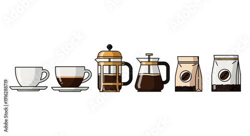Assorted coffee cups and coffee makers arranged on a clean surface with coffee beans and bags nearby